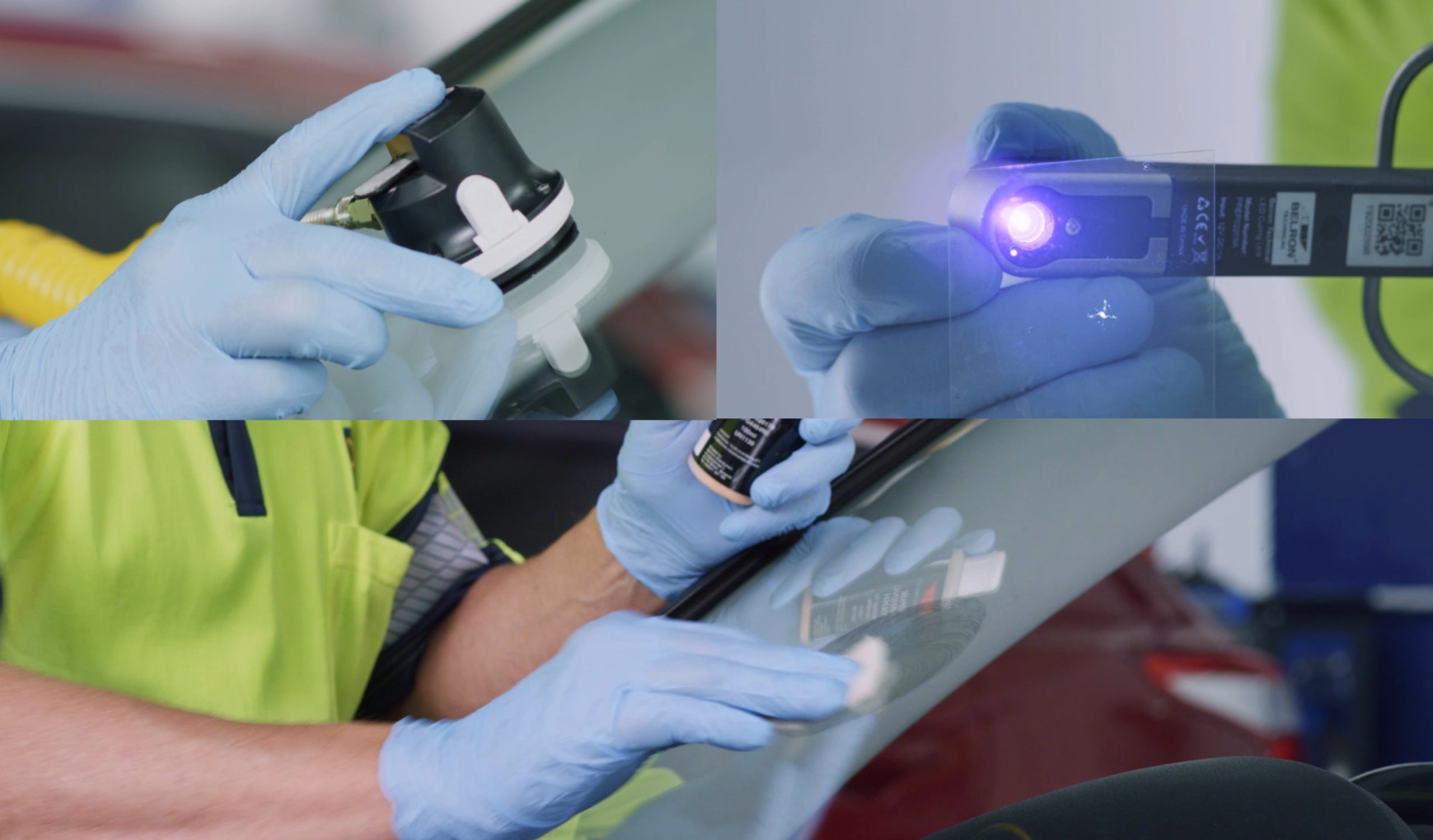 Collage of an O'Brien® staff member fixing a chipped windscreen.