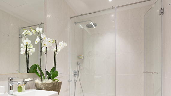 Bathroom with a glass shower screen and an orchid in the foreground.