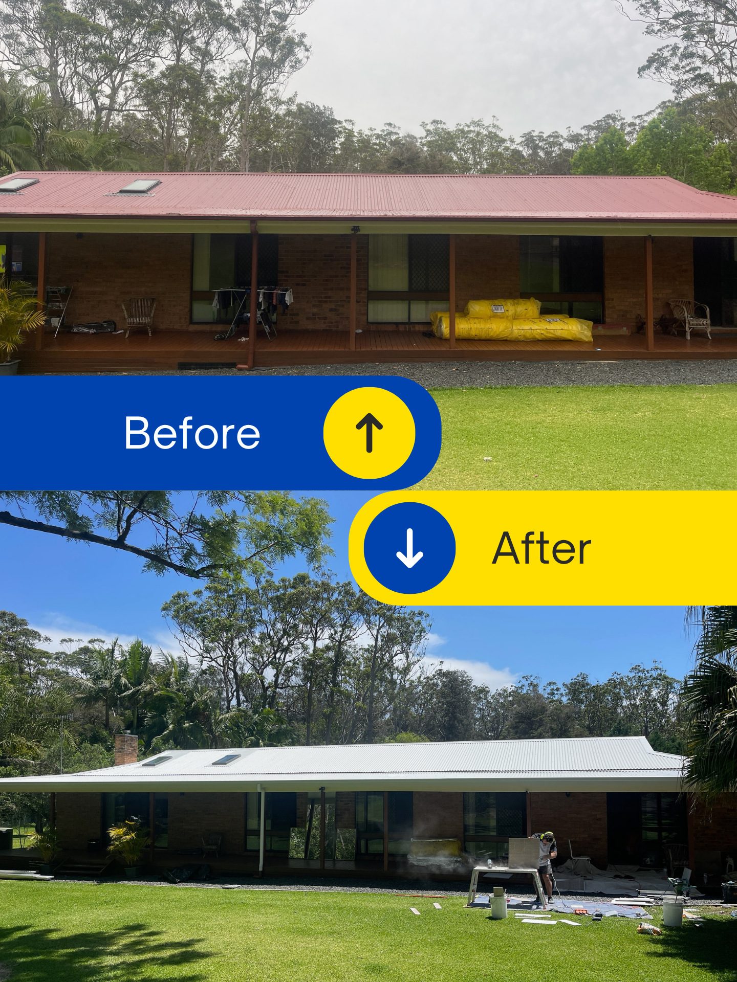 Before and after of house with roof replacement.