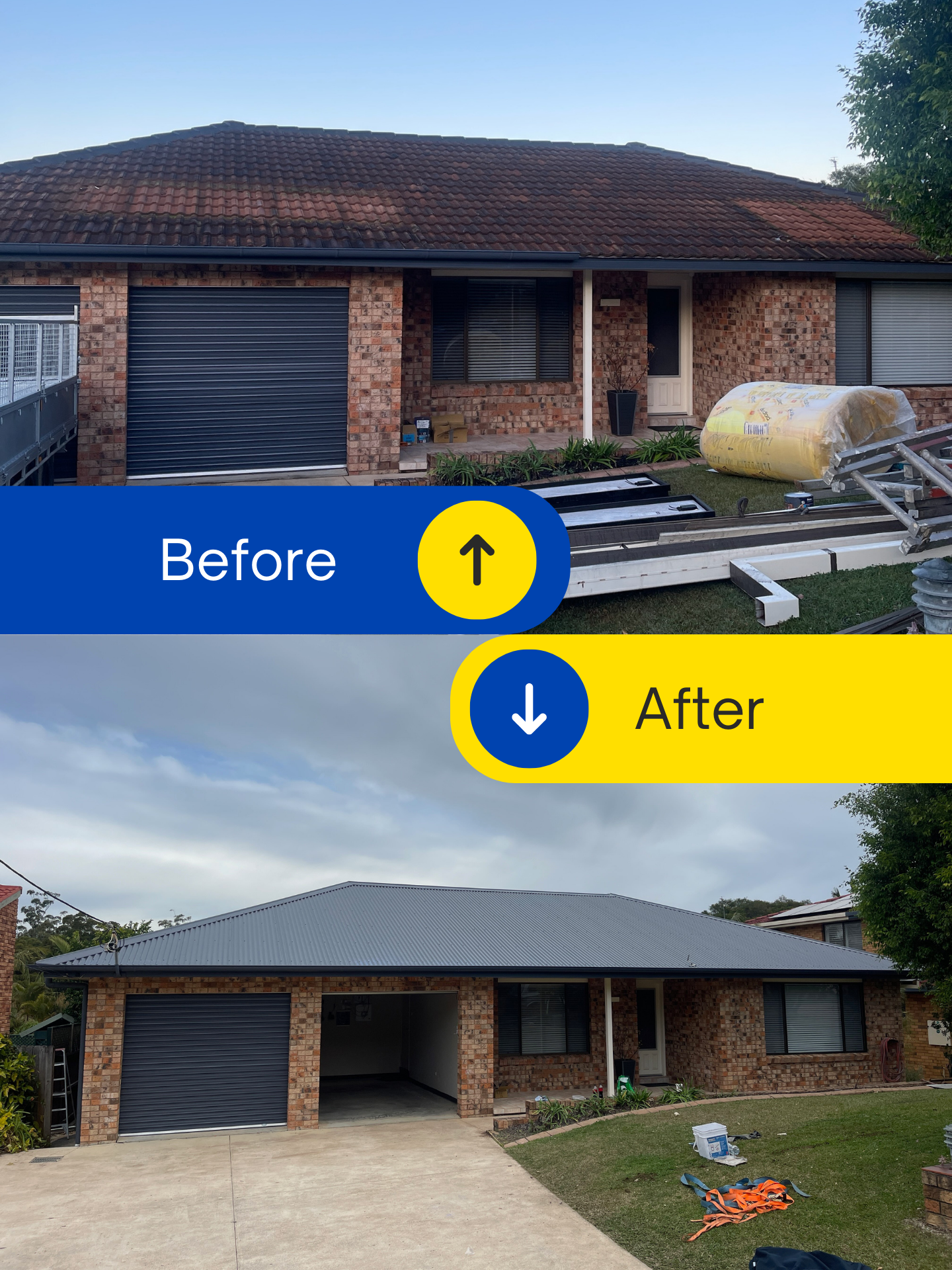 Before and after of brick home with roof replacement.
